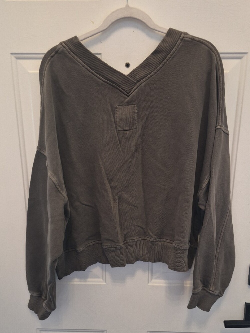 aerie Olive V-Neck Garment-Washed Sweatshirt - Picture 3 of 3